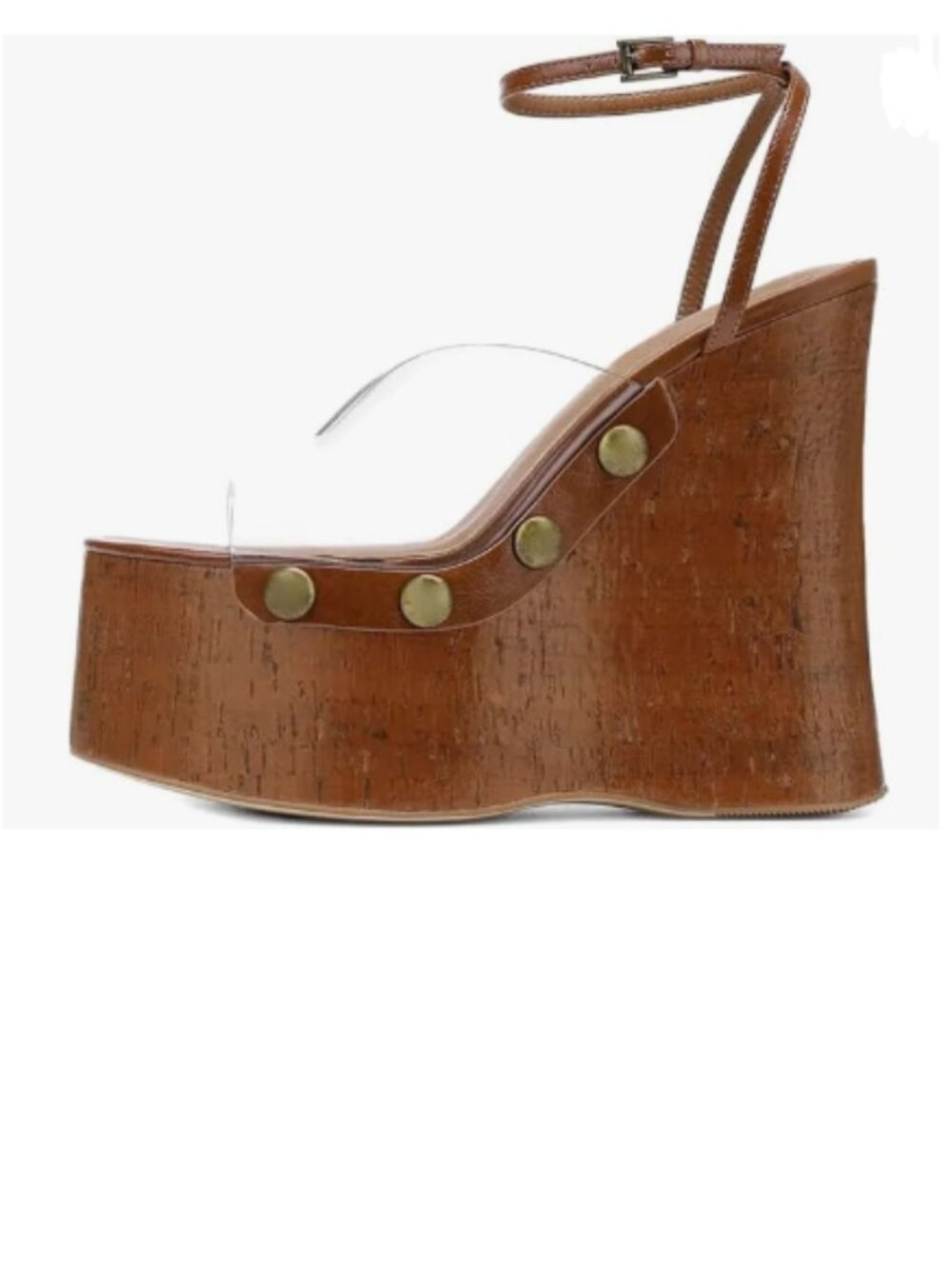 YDN Brown Clear Studded Thick Platform Wedge Heel Sandals Adjustable Strap Shoes